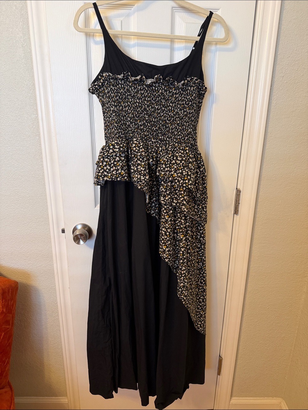 Allina Liu Black Floral Smocked Maxi Dress with Ruffle Overlay